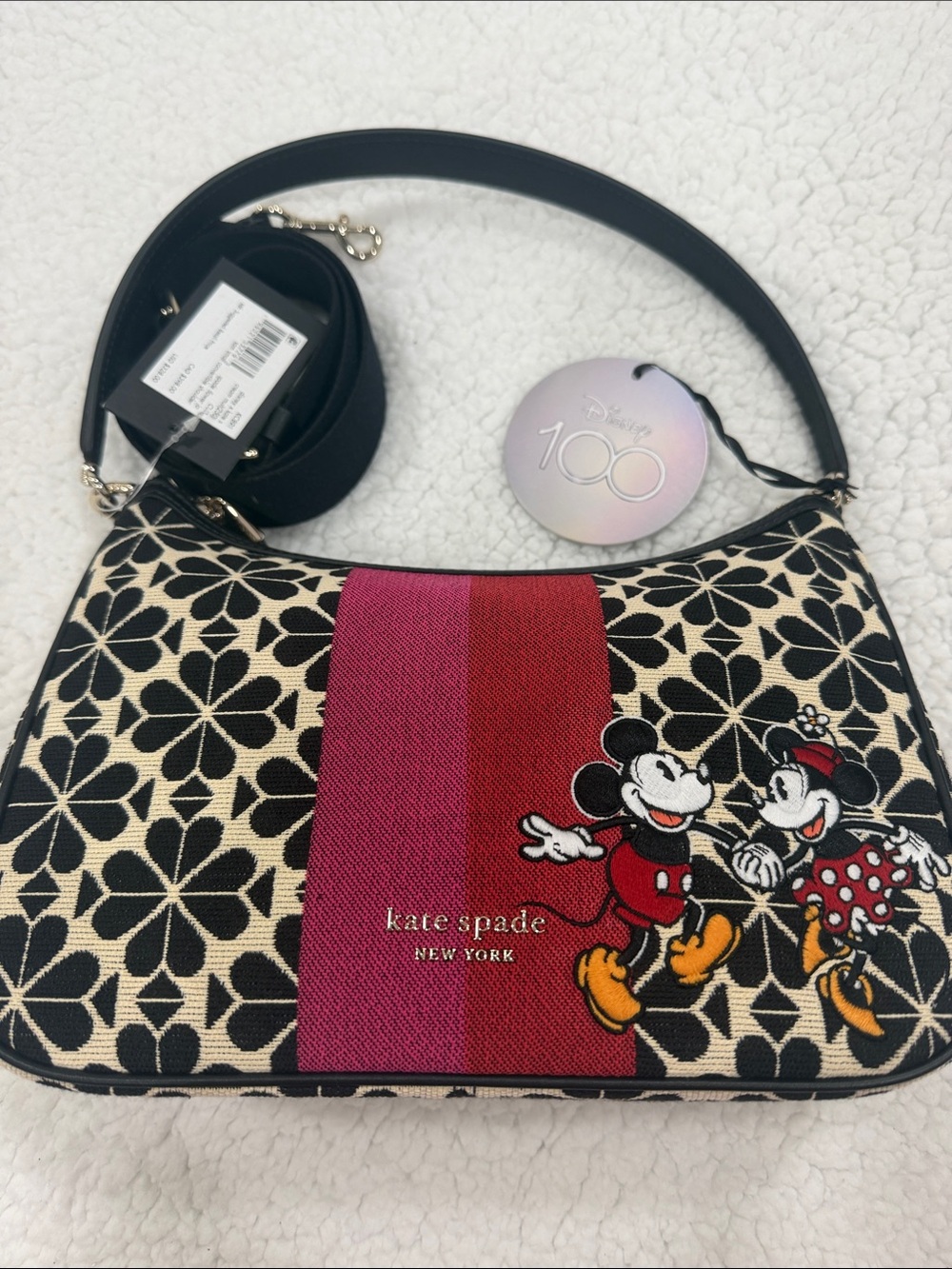kate spade Minnie & Mickey Floral Stripe Crossbody Bag in Black/Cream/Red - Picture 3 of 7
